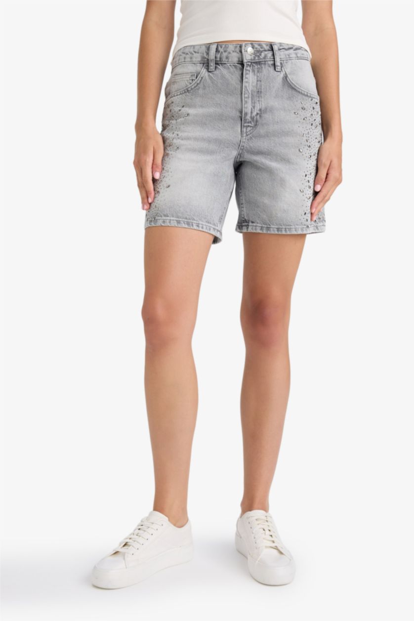FEMME Gris Short Bermuda en jean taille haute