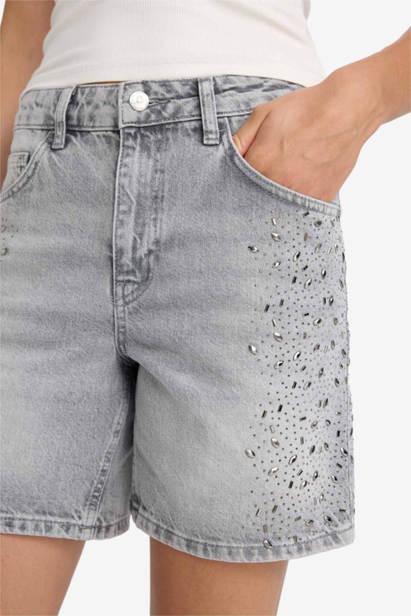 FEMME Gris Short Bermuda en jean taille haute