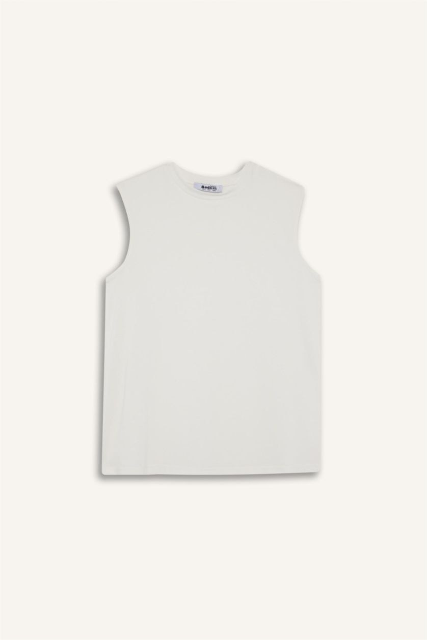 Kadın Ekru Regular Fit Bisiklet Yaka Basic Düz Kolsuz Tunik