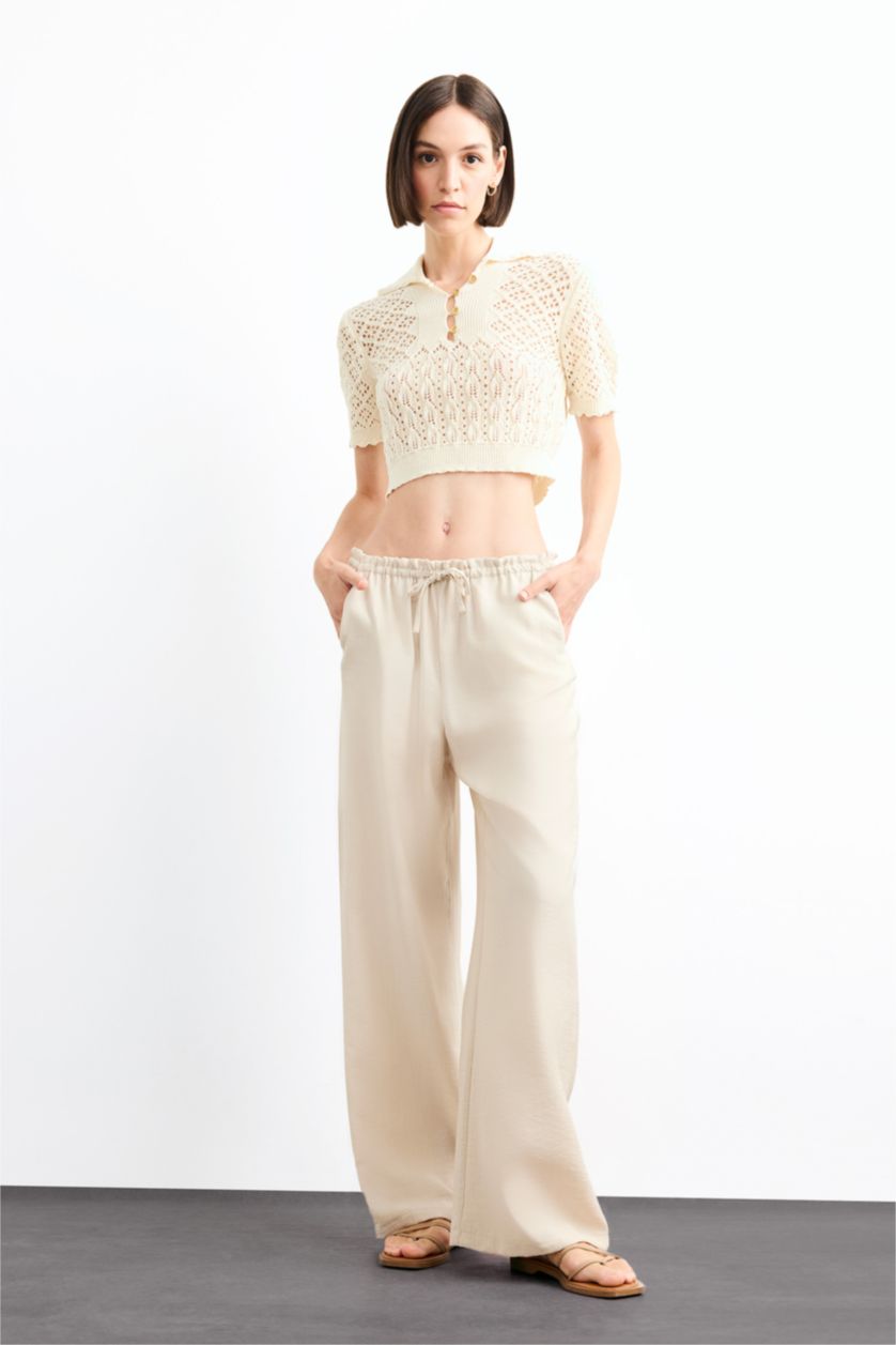 Kadın Ekru Polo Yaka Kroşe Kısa Kollu Triko Bluz