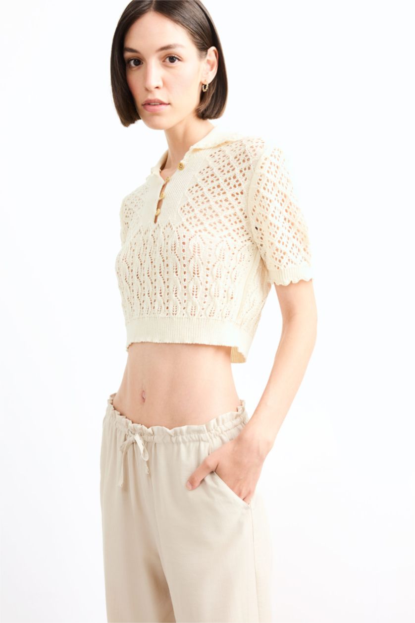 Kadın Ekru Polo Yaka Kroşe Kısa Kollu Triko Bluz