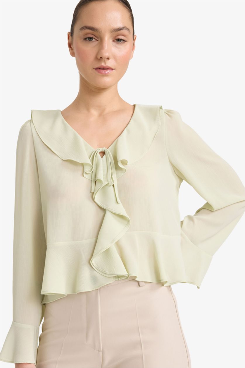 حريمي أخضر فاتح بلوزة كم طويل شيفون قصة عادية