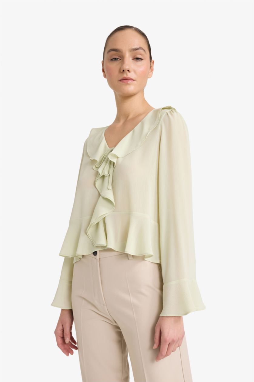 حريمي أخضر فاتح بلوزة كم طويل شيفون قصة عادية