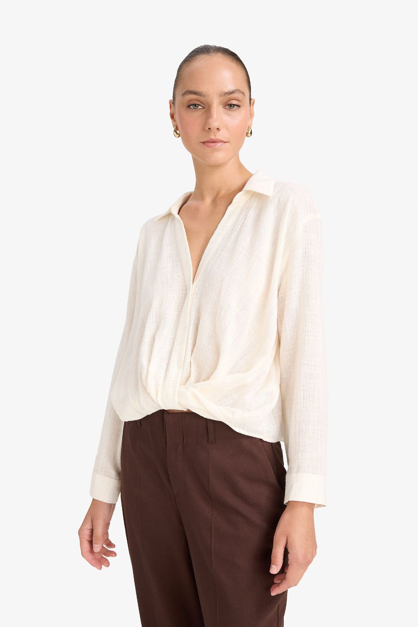 نساء بيج فاتح بلوزة ردن طويل قطن قصة عادية وياخة قميص