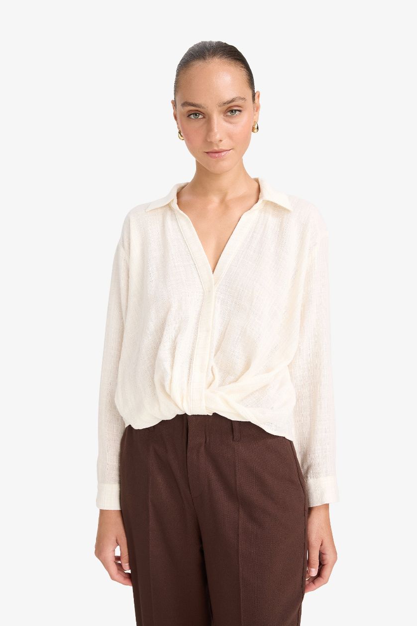 نساء بيج فاتح بلوزة ردن طويل قطن قصة عادية وياخة قميص