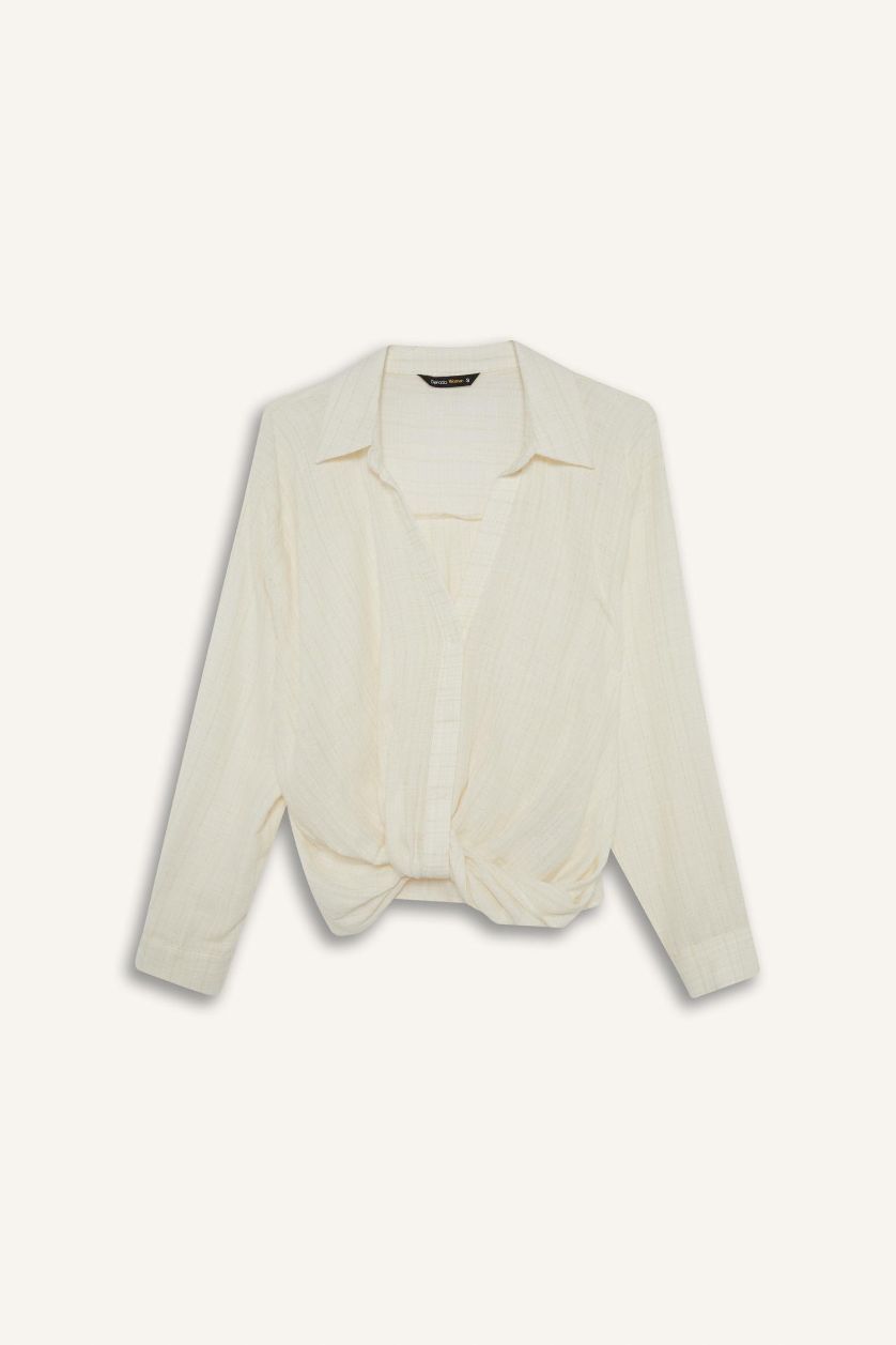 نساء بيج فاتح بلوزة ردن طويل قطن قصة عادية وياخة قميص