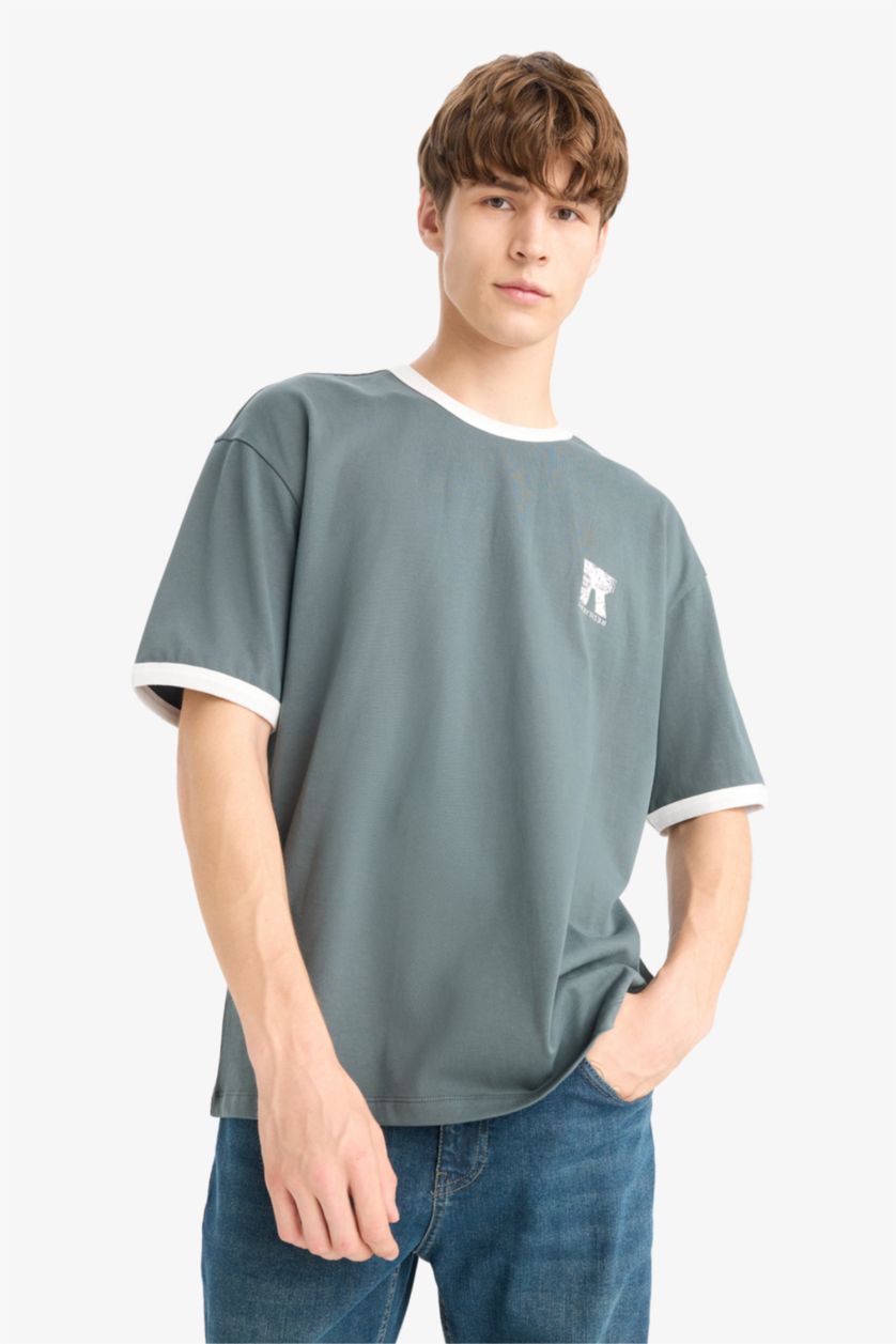 رجال بترولي غامق تيشيرت اوفر سايز نص ردن بياخة مستديرة