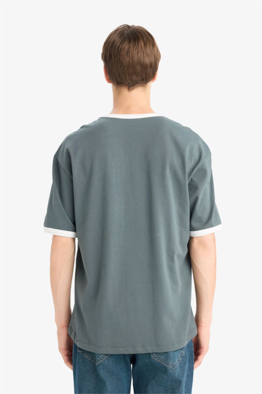 رجال بترولي غامق تيشيرت اوفر سايز نص ردن بياخة مستديرة