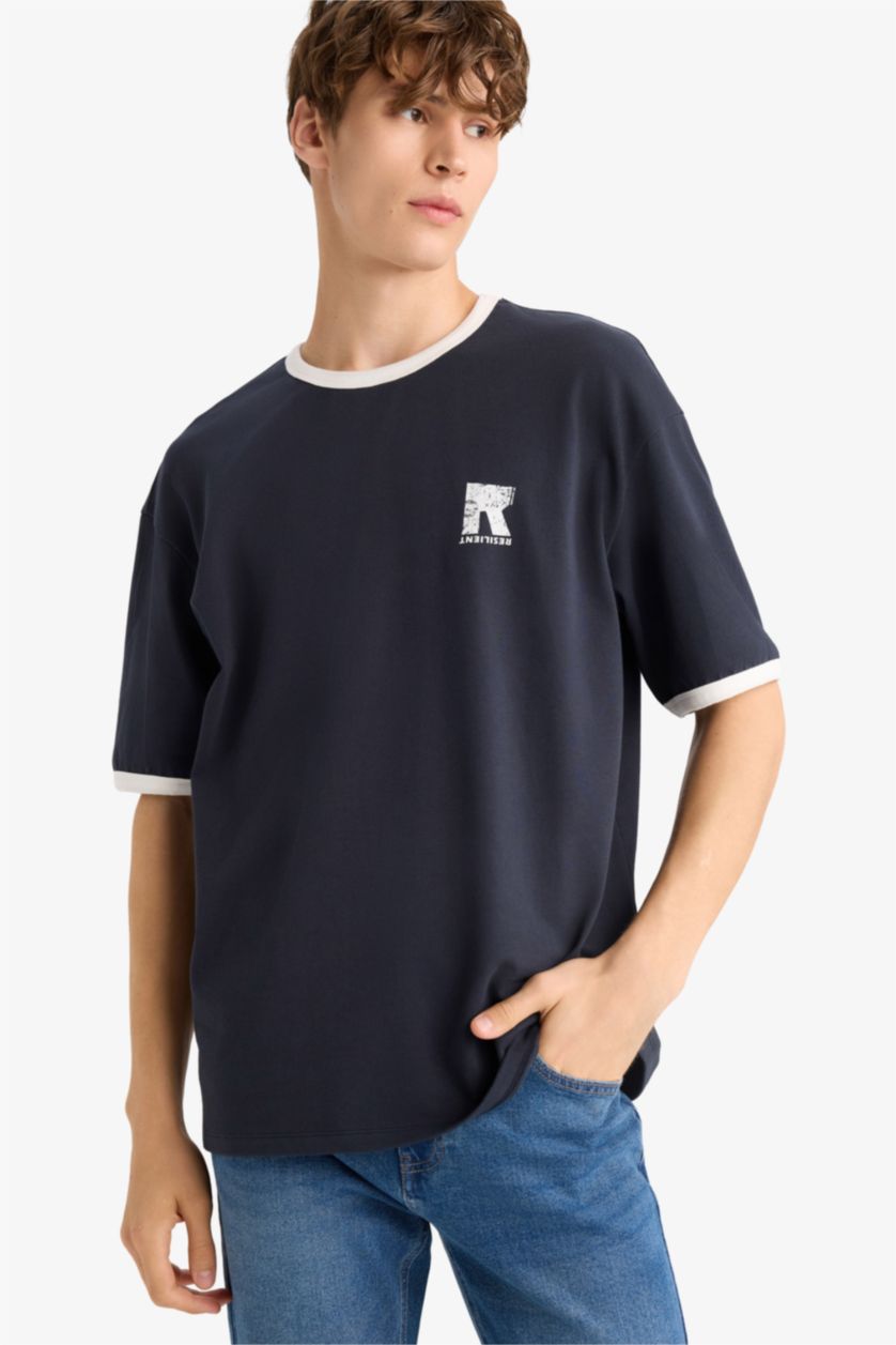Erkek Lacivert Boxy Fıt Bisiklet Yaka Baskılı Kısa Kollu Tişört