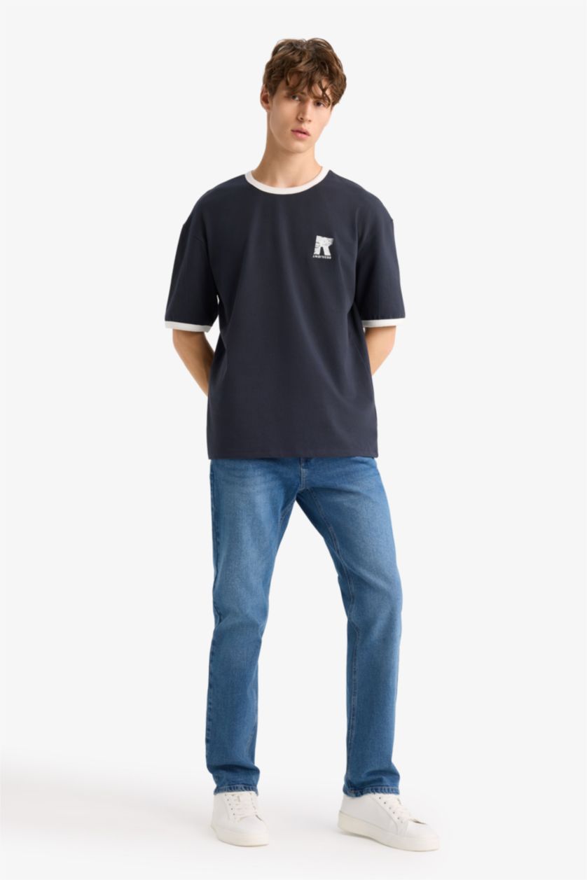 Erkek Lacivert Boxy Fıt Bisiklet Yaka Baskılı Kısa Kollu Tişört