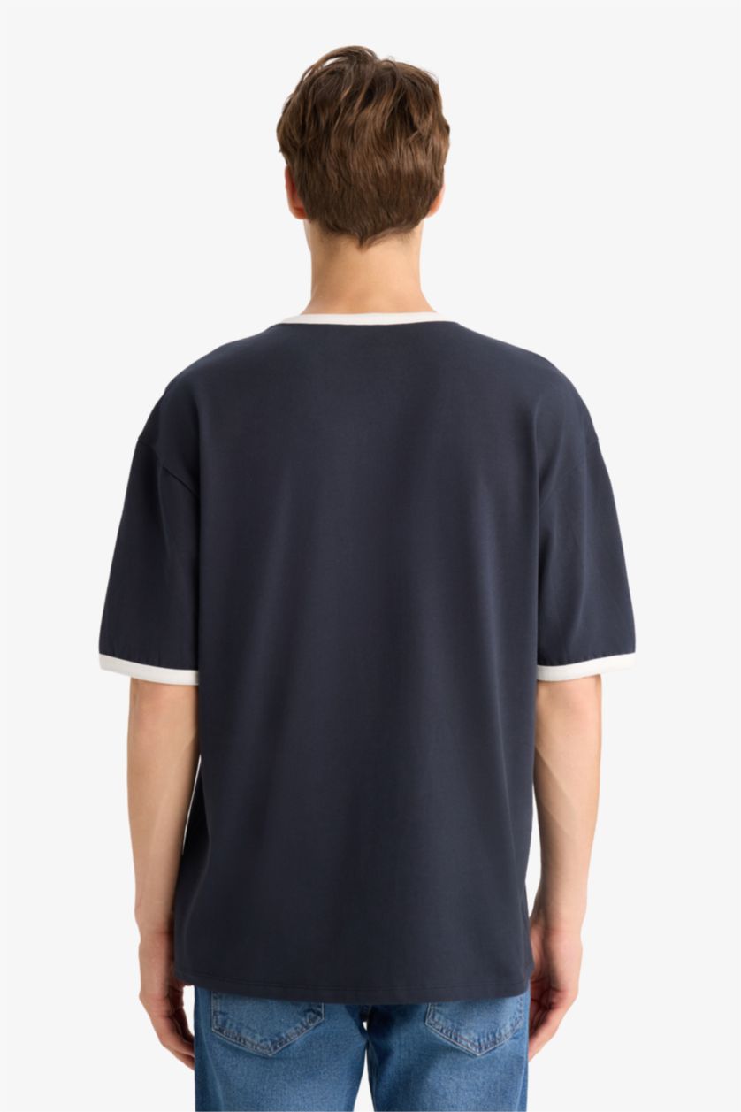 Erkek Lacivert Boxy Fıt Bisiklet Yaka Baskılı Kısa Kollu Tişört