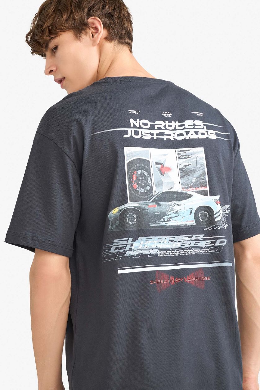 رجال أنثرا غامق تيشيرت نص ردن اوفر سايز مطبوع بياخة مستديرة