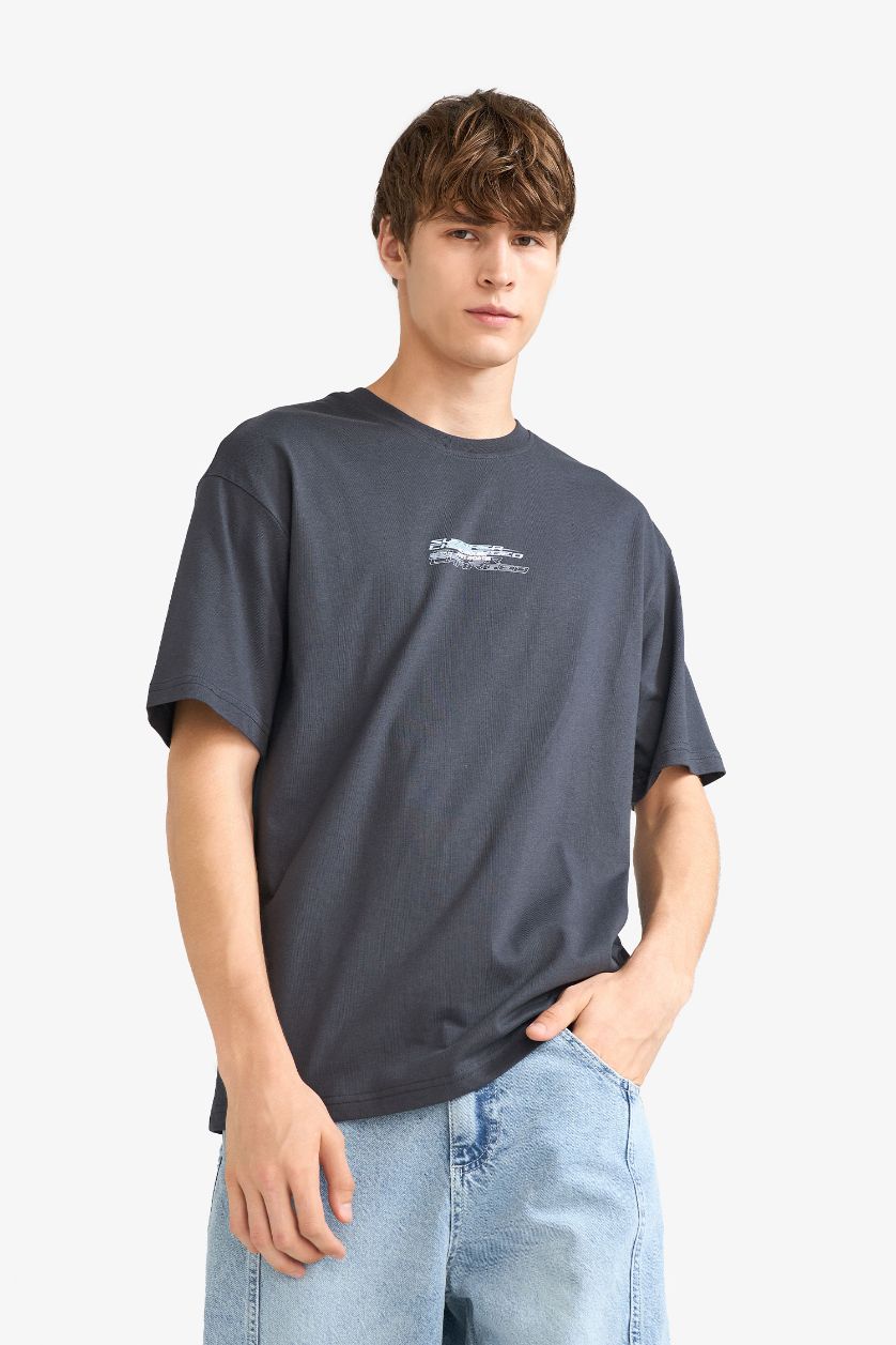 رجال أنثرا غامق تيشيرت نص ردن اوفر سايز مطبوع بياخة مستديرة