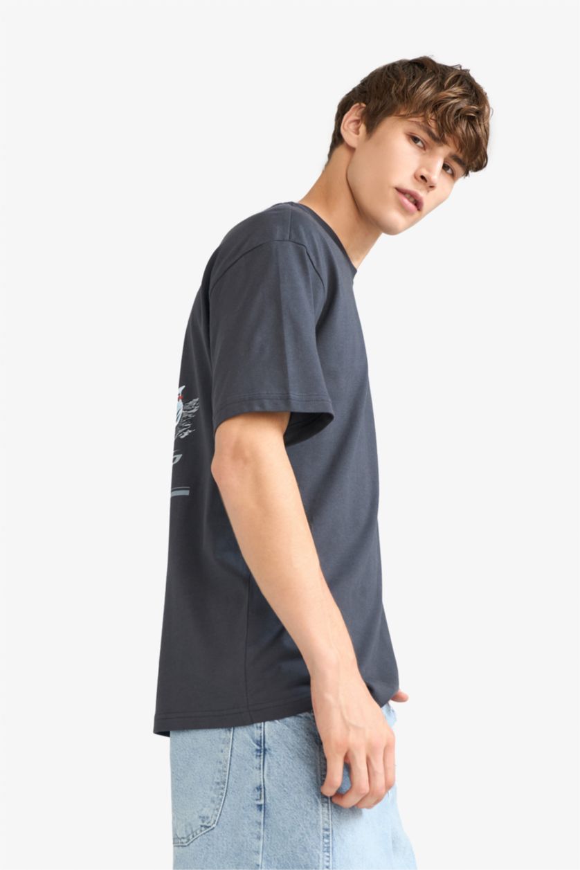 رجال أنثرا غامق تيشيرت نص ردن اوفر سايز مطبوع بياخة مستديرة