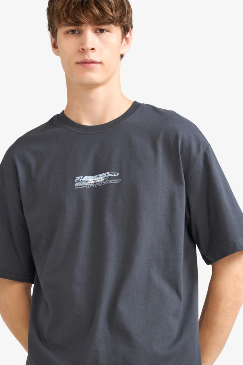 رجال أنثرا غامق تيشيرت نص ردن اوفر سايز مطبوع بياخة مستديرة