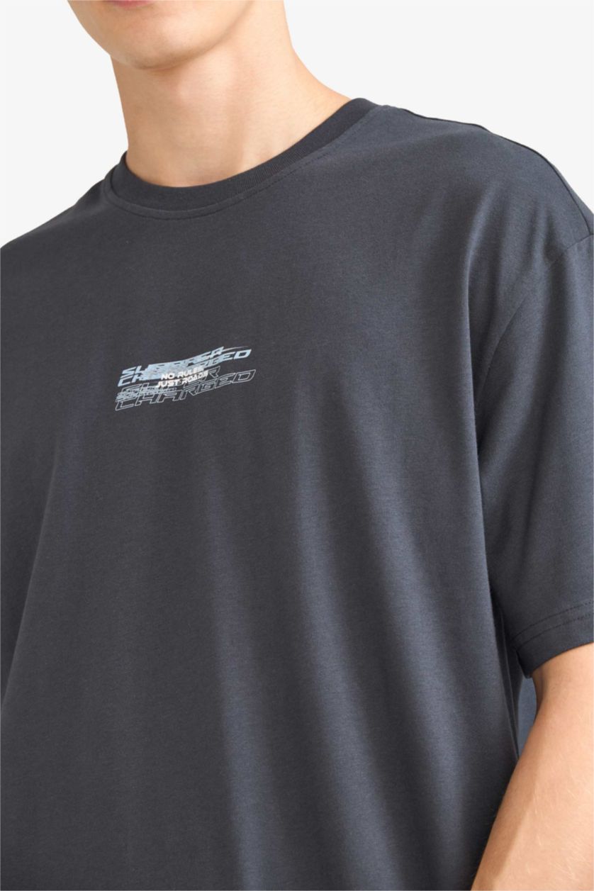 رجال أنثرا غامق تيشيرت نص ردن اوفر سايز مطبوع بياخة مستديرة