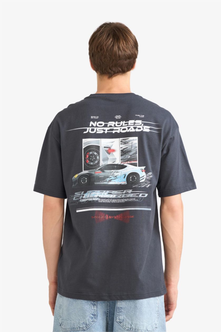 رجال أنثرا غامق تيشيرت نص ردن اوفر سايز مطبوع بياخة مستديرة