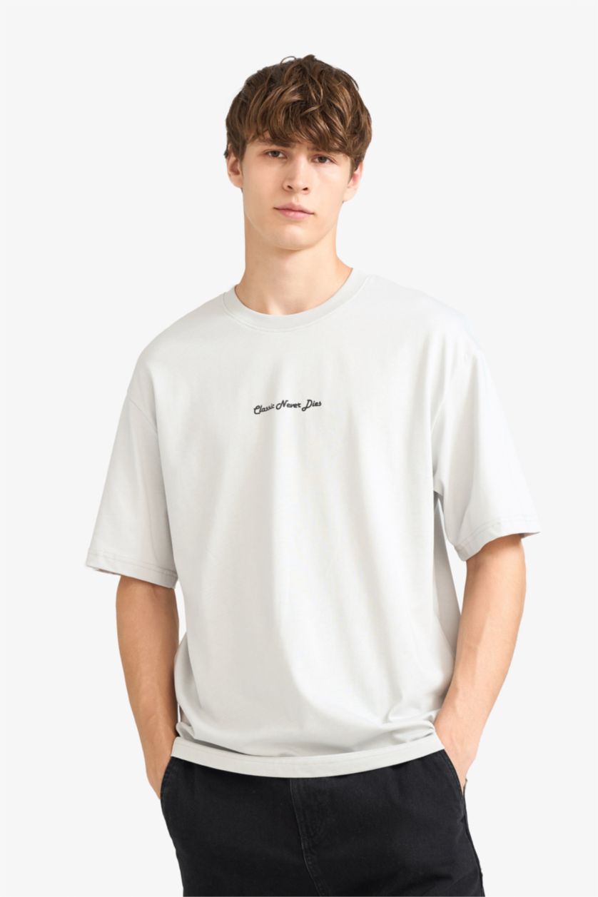 رجال اللون الحجري تيشيرت نص ردن اوفر سايز مطبوع بياخة مستديرة