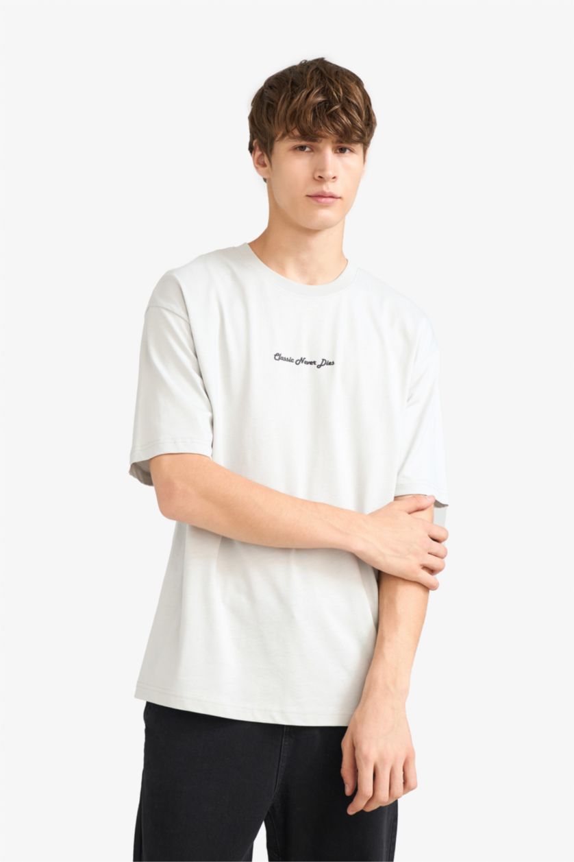 رجال اللون الحجري تيشيرت نص ردن اوفر سايز مطبوع بياخة مستديرة