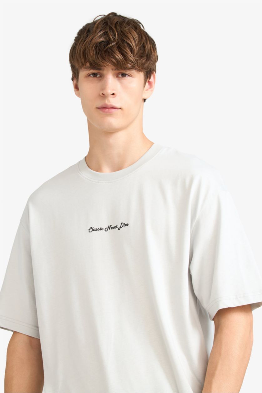 رجال اللون الحجري تيشيرت نص ردن اوفر سايز مطبوع بياخة مستديرة