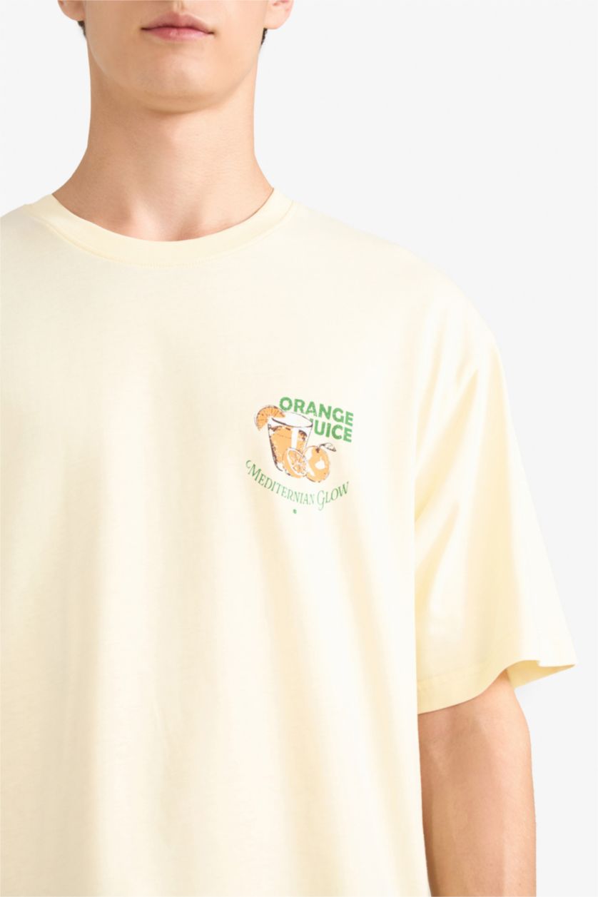 Erkek Açık Sarı Boxy Fit Bisiklet Yaka Sırt Baskılı Kısa Kollu Tişört
