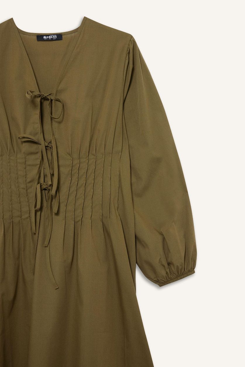 Kadın Haki %100 Pamuk V Yaka Poplin Önden Bağlamalı Uzun KolluMaxi  Elbise