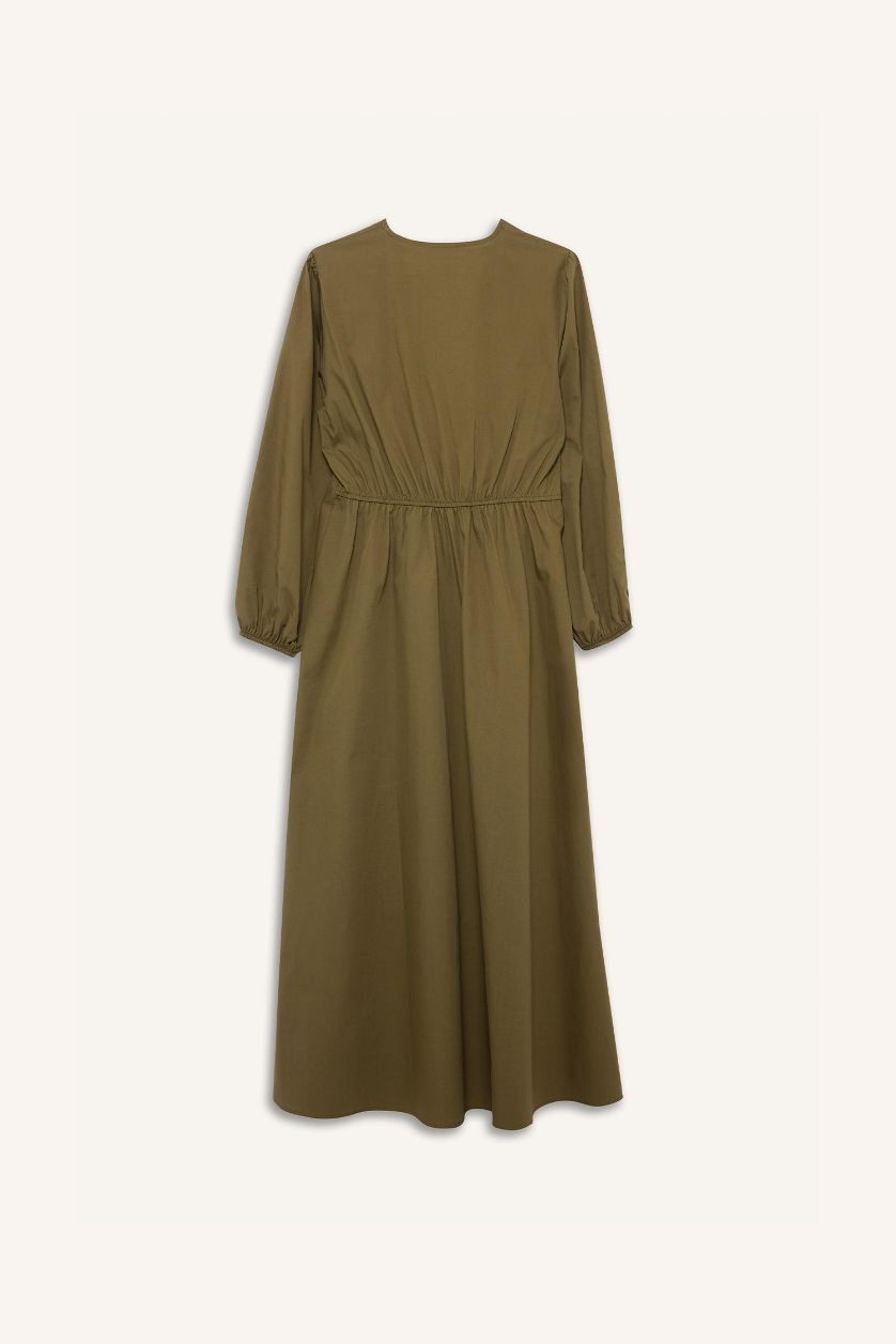 Kadın Haki %100 Pamuk V Yaka Poplin Önden Bağlamalı Uzun KolluMaxi  Elbise