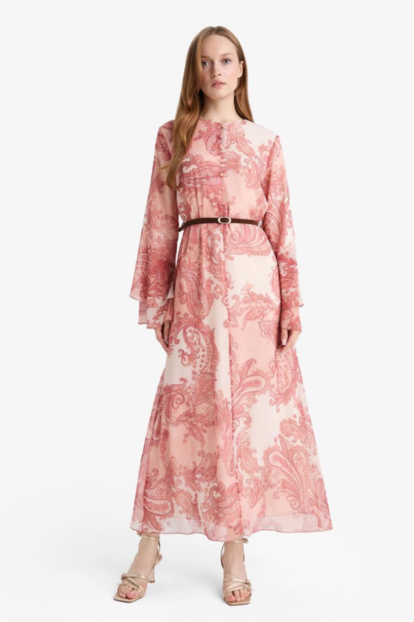 Kadın Açık Bordo Kaçık Yaka Şal Desenli Uzun Kollu Kemerli Şifon Maxi Elbise