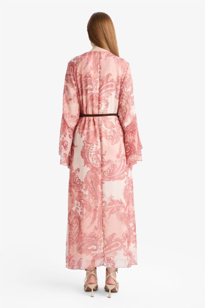 Kadın Açık Bordo Kaçık Yaka Şal Desenli Uzun Kollu Kemerli Şifon Maxi Elbise