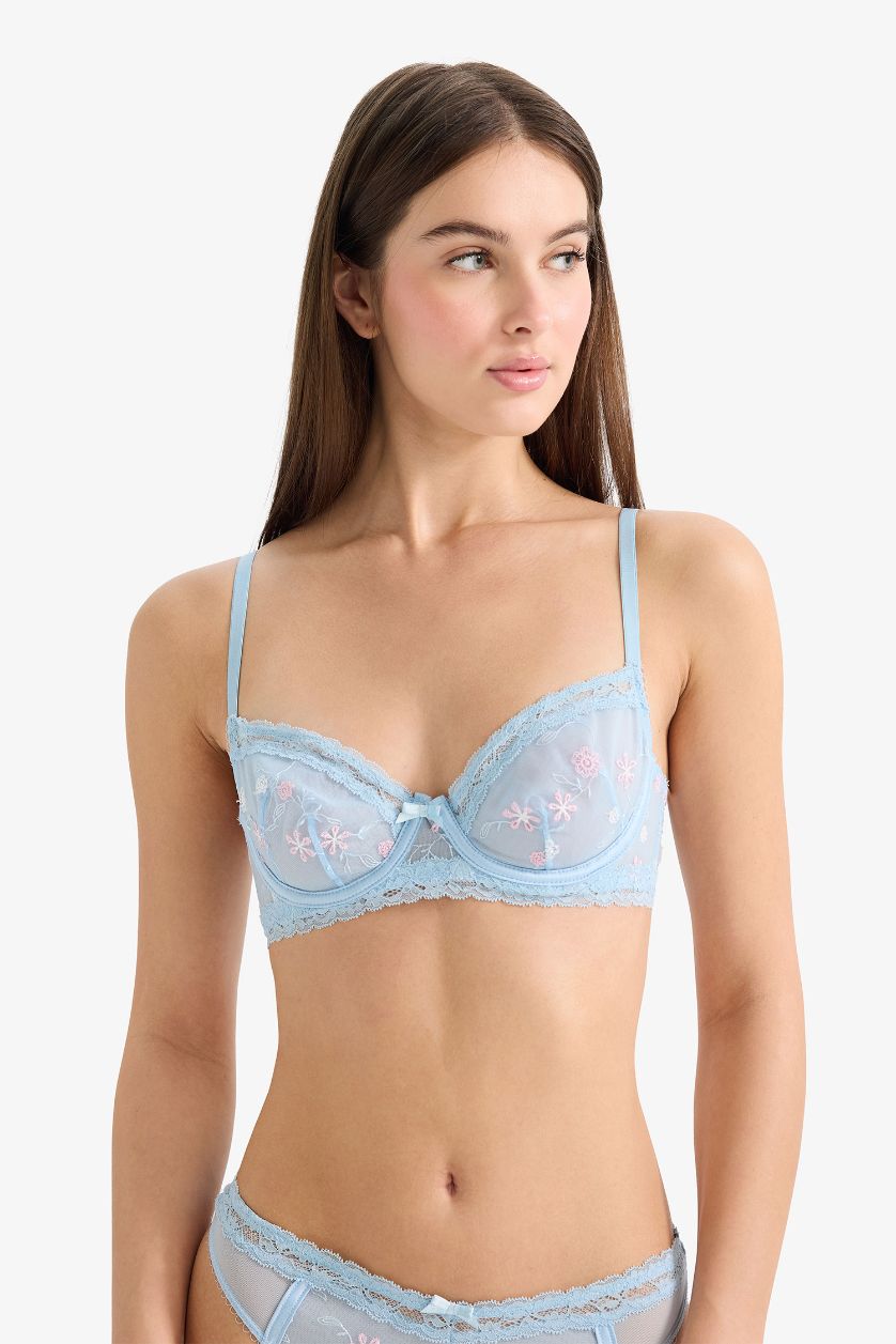 Kadın Açık Mavi Dantelli Kapsız Pedsiz Balenli Balkonet Sütyen