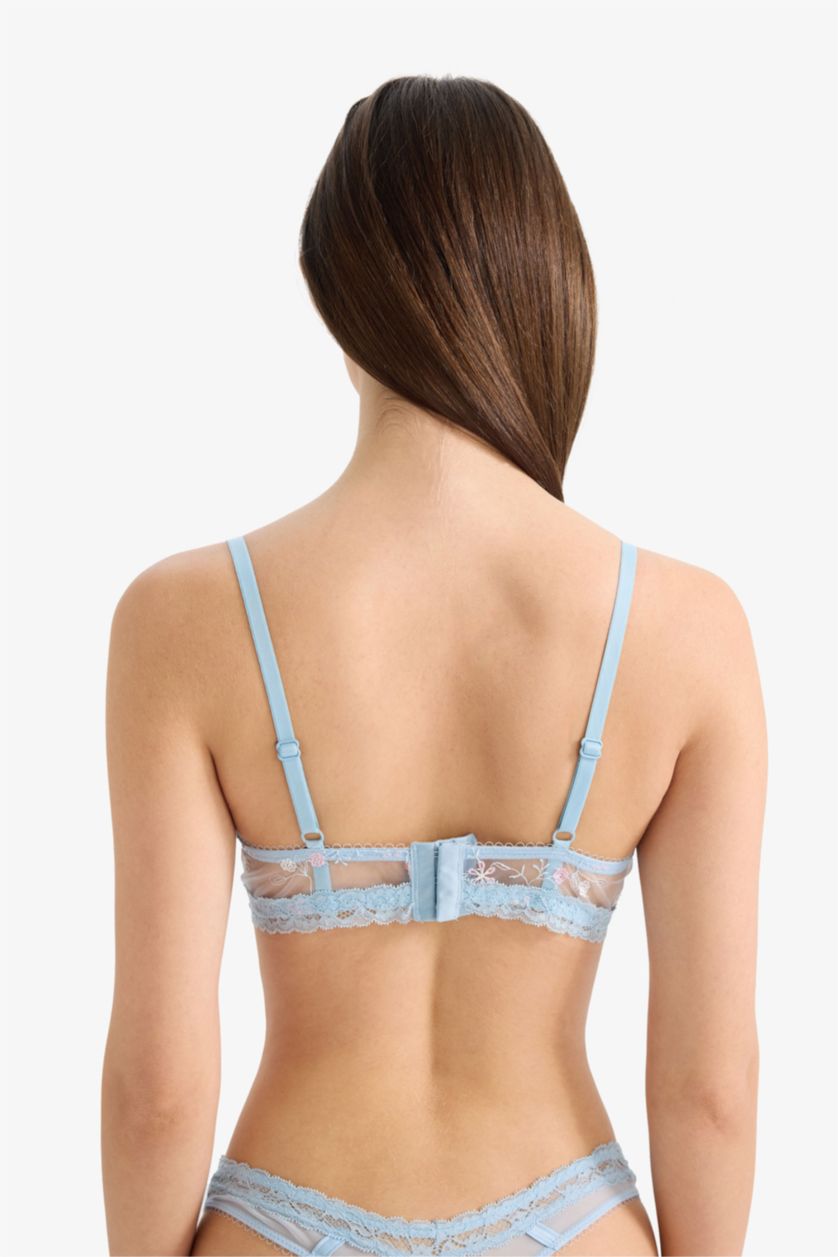 Kadın Açık Mavi Dantelli Kapsız Pedsiz Balenli Balkonet Sütyen