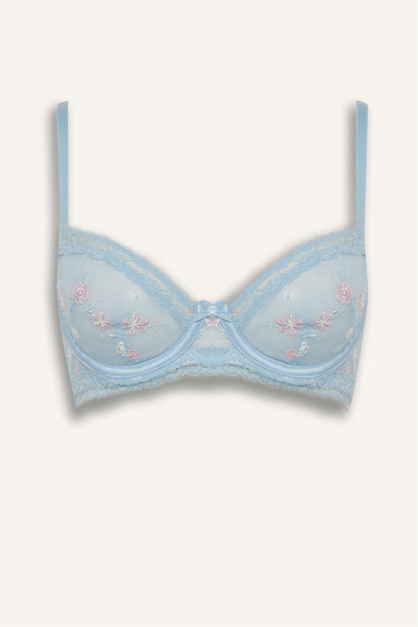 Kadın Açık Mavi Dantelli Kapsız Pedsiz Balenli Balkonet Sütyen