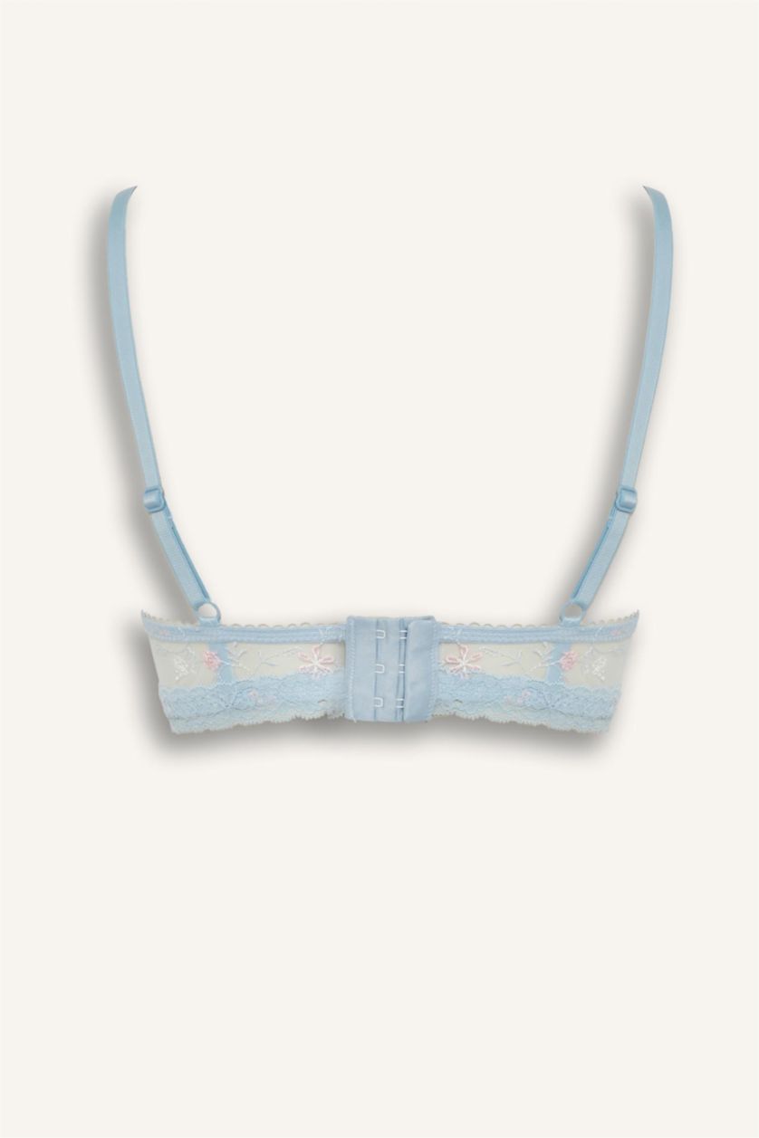 Kadın Açık Mavi Dantelli Kapsız Pedsiz Balenli Balkonet Sütyen