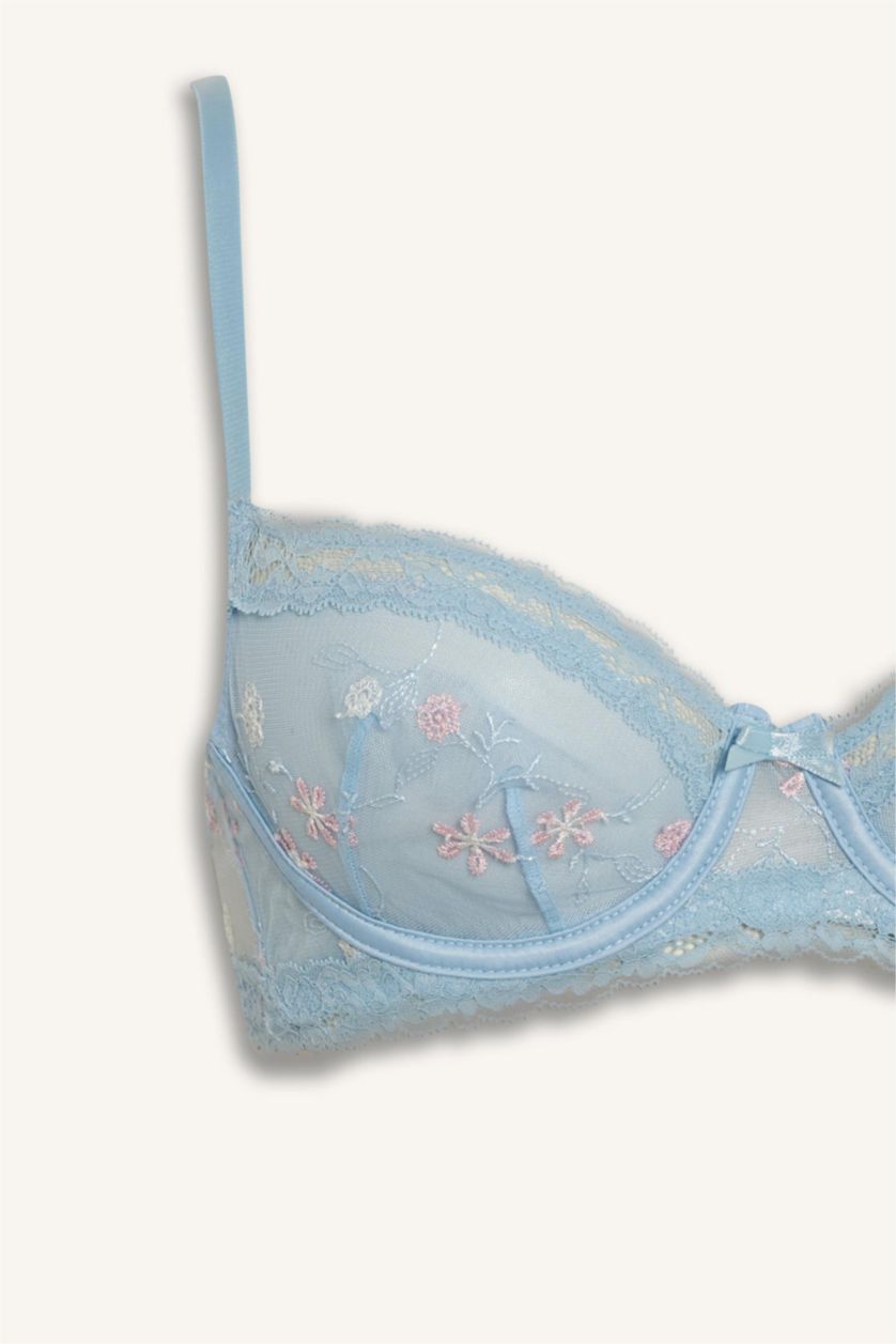 Kadın Açık Mavi Dantelli Kapsız Pedsiz Balenli Balkonet Sütyen