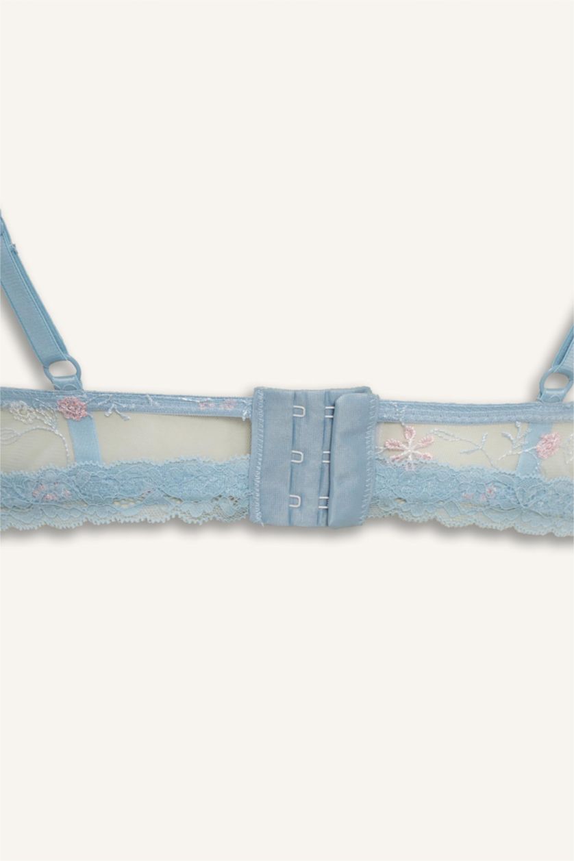 Kadın Açık Mavi Dantelli Kapsız Pedsiz Balenli Balkonet Sütyen