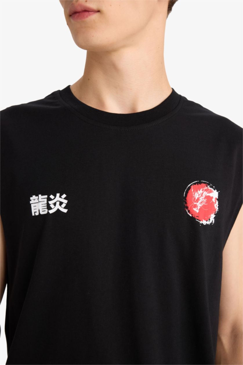 Erkek Siyah Boxy Fıt Baskılı Bisiklet Yaka Atlet