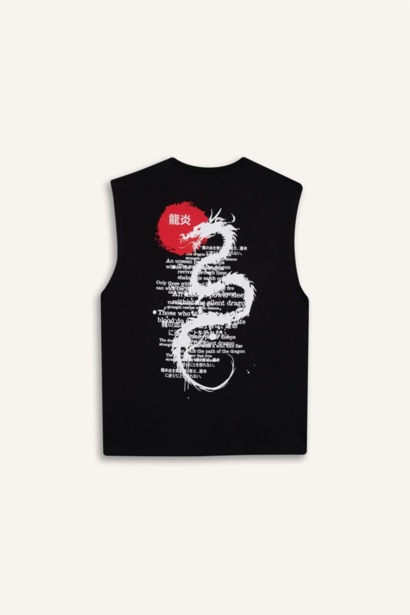 Erkek Siyah Boxy Fıt Baskılı Bisiklet Yaka Atlet