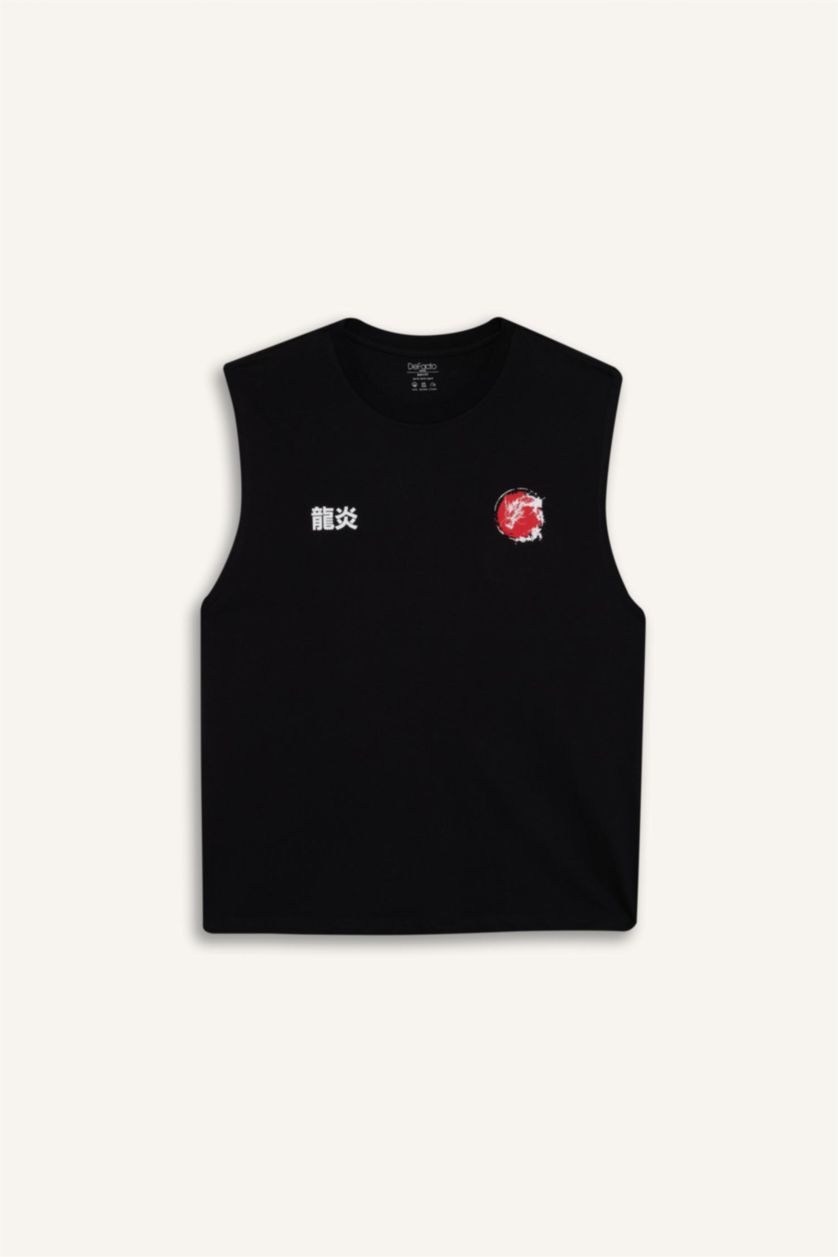 Erkek Siyah Boxy Fıt Baskılı Bisiklet Yaka Atlet