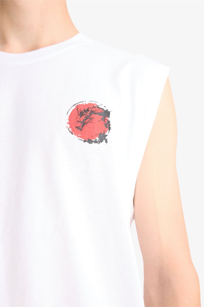 Erkek Beyaz Boxy Fit Sırt Baskılı Bisiklet Yaka Atlet