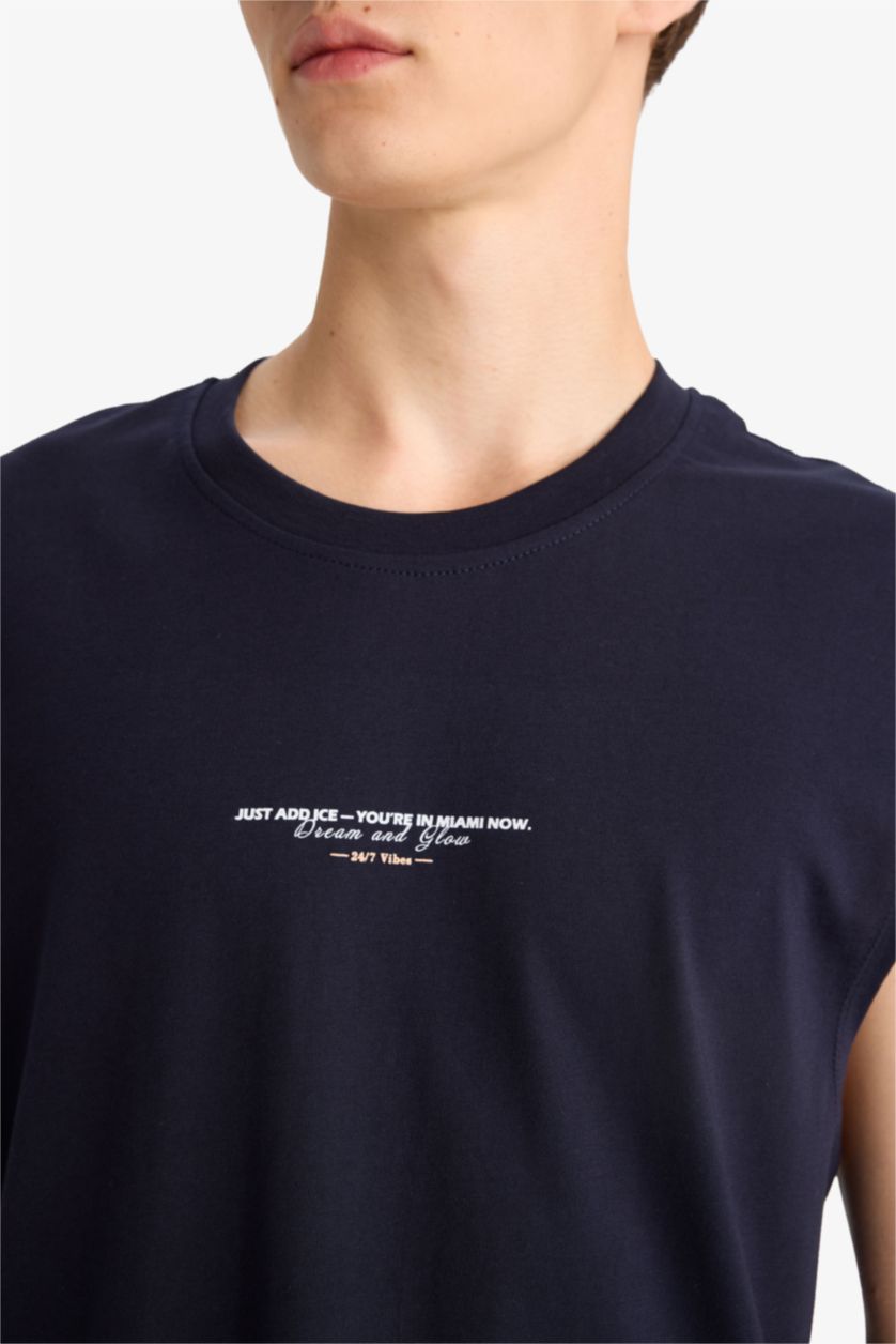 Man NAVY Boxy Fit Printed Crew Neck Sleeveless Tank Top