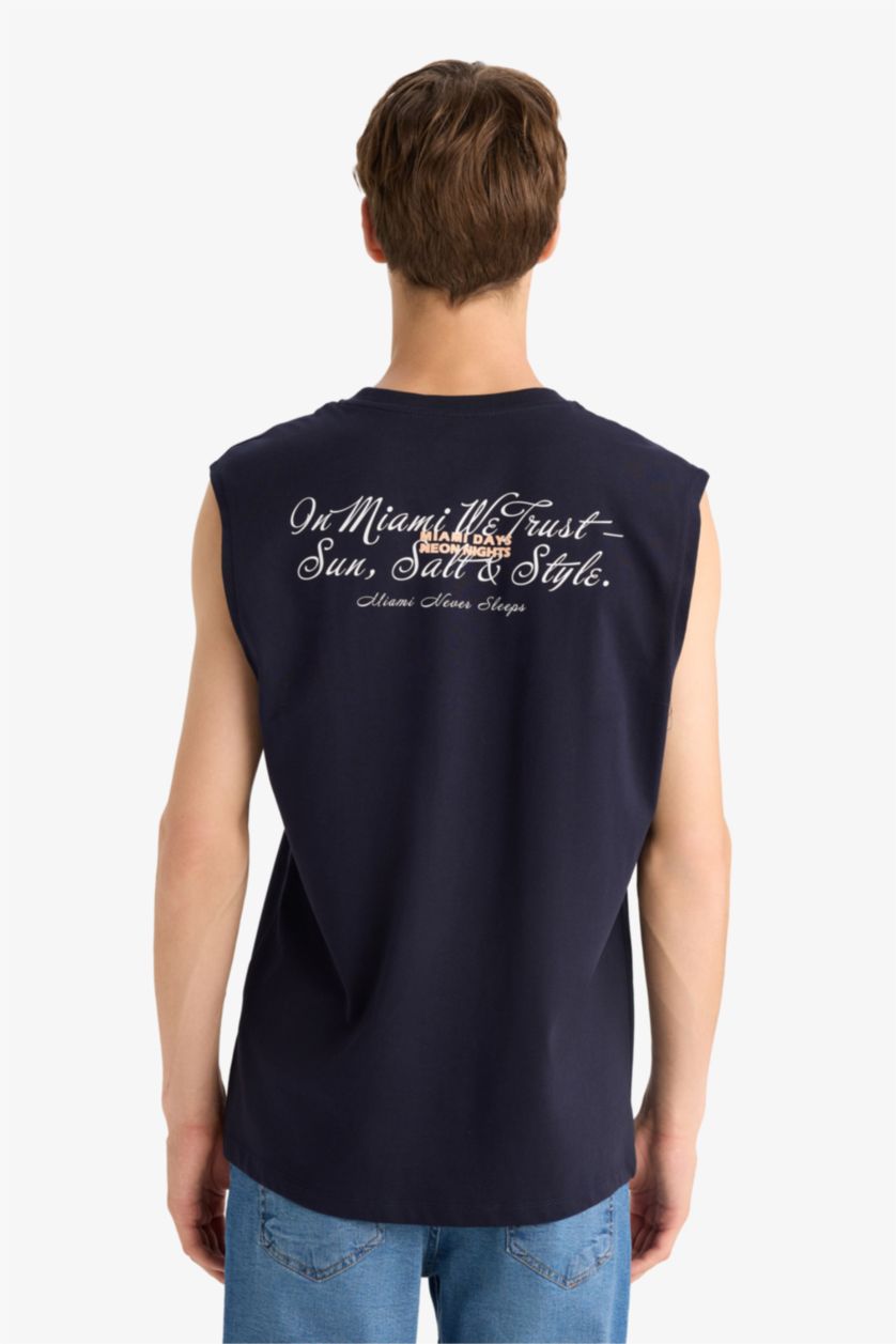 Man NAVY Boxy Fit Printed Crew Neck Sleeveless Tank Top