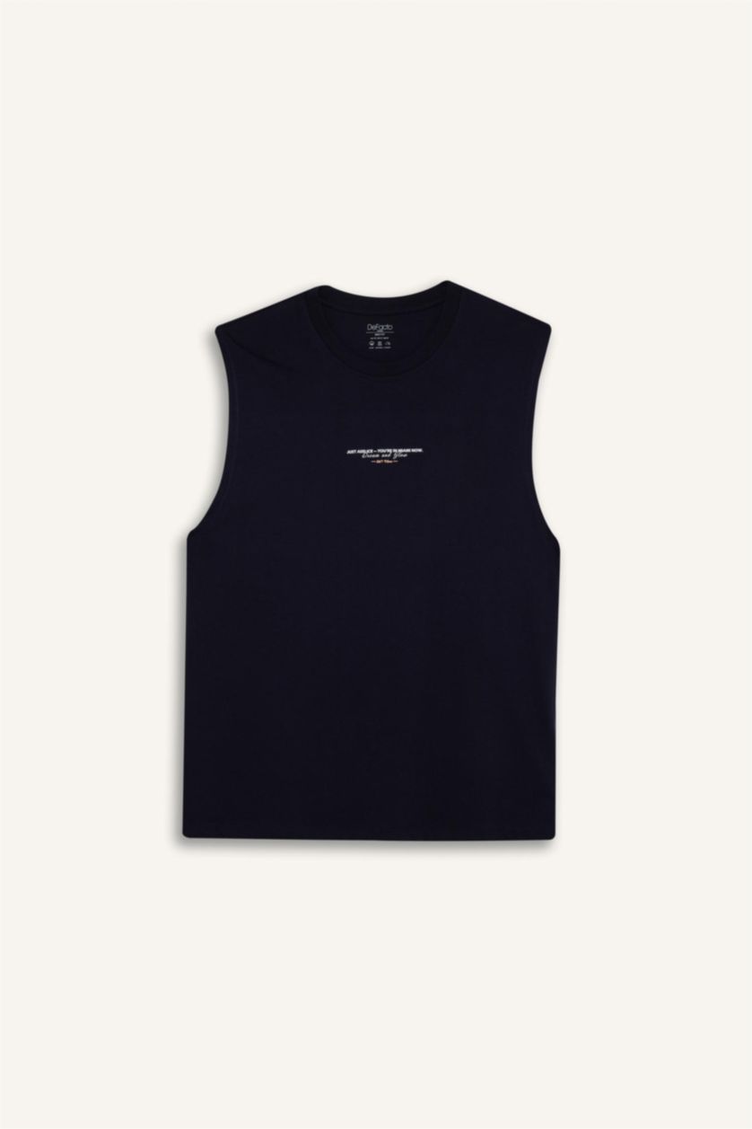 Man NAVY Boxy Fit Printed Crew Neck Sleeveless Tank Top