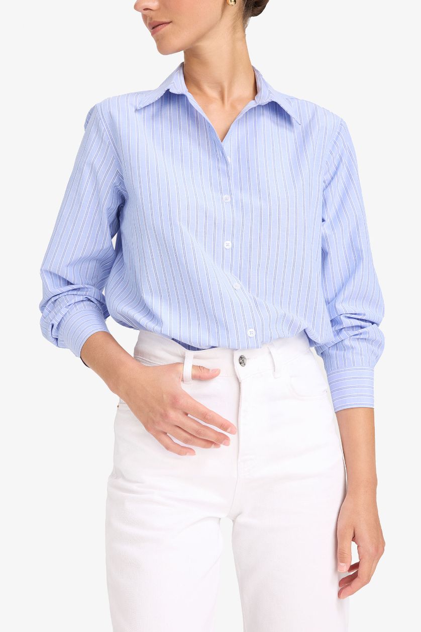 Kadın Mavi Oversize Geniş Kalıp Çizgili Poplin Uzun Kollu Gömlek