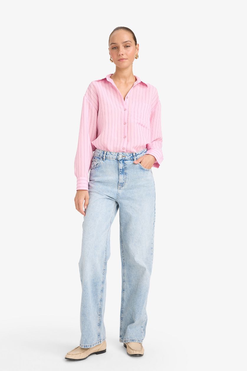 Kadın Açık Pembe Oversize Geniş Kalıp Çizgili Modal Uzun Kollu Gömlek