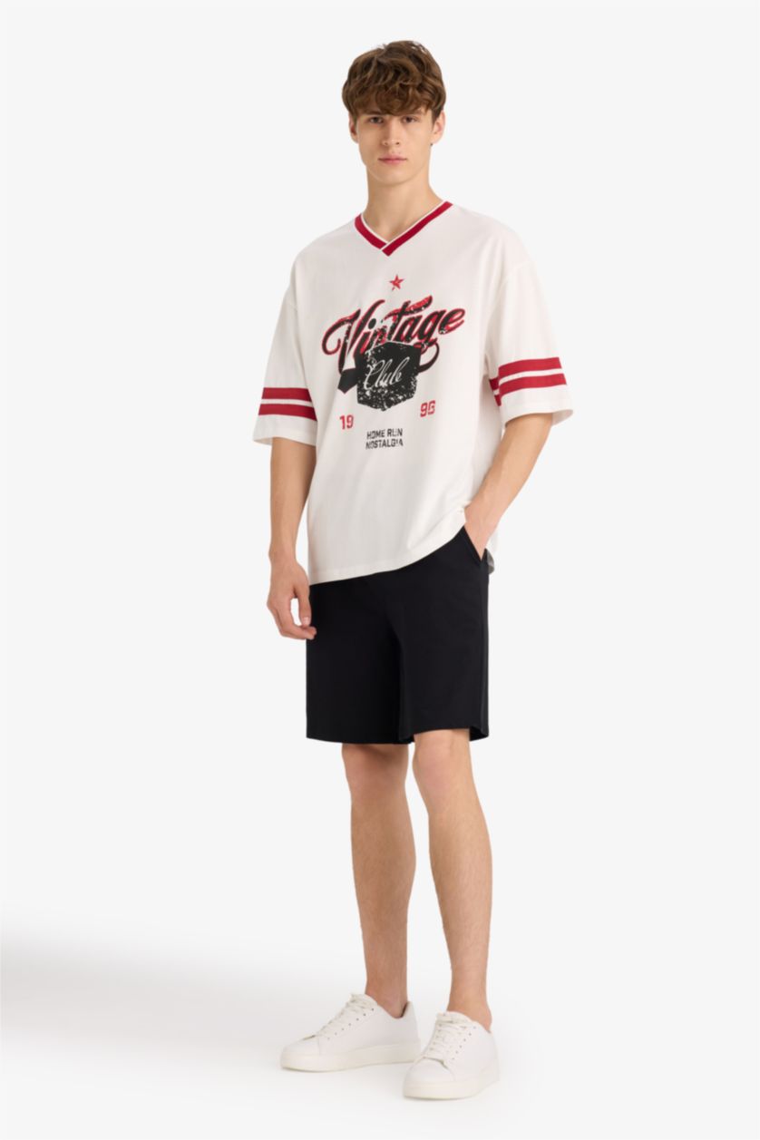 Erkek Ekru Loose Fıt Bisiklet Yaka Baskılı Kısa Kollu Tişört