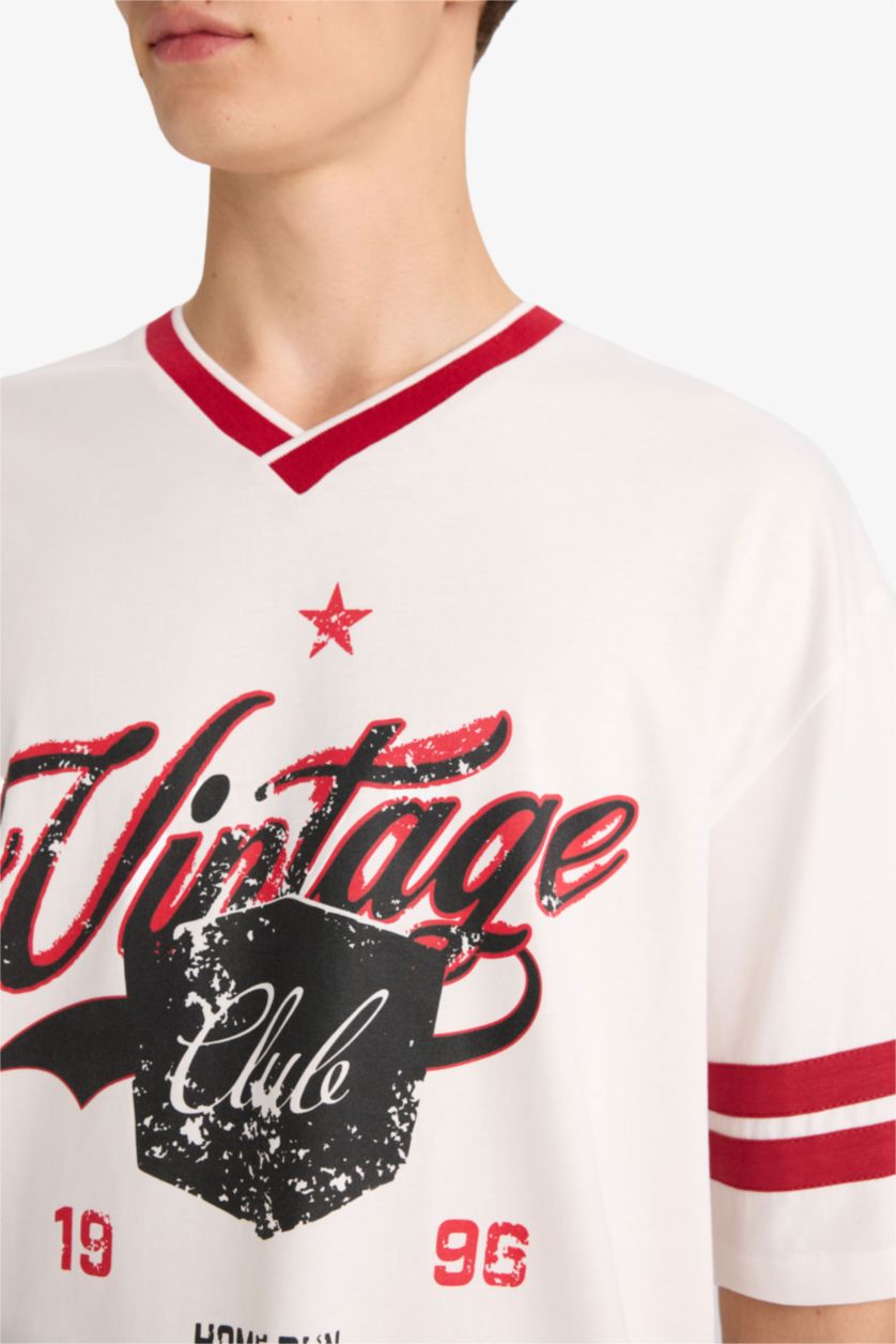 Erkek Ekru Loose Fıt Bisiklet Yaka Baskılı Kısa Kollu Tişört