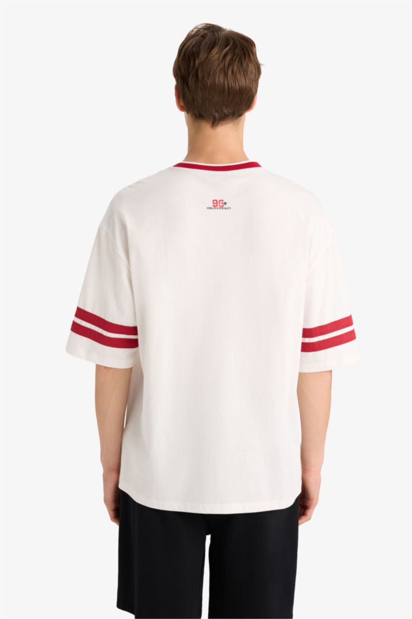 Erkek Ekru Loose Fıt Bisiklet Yaka Baskılı Kısa Kollu Tişört