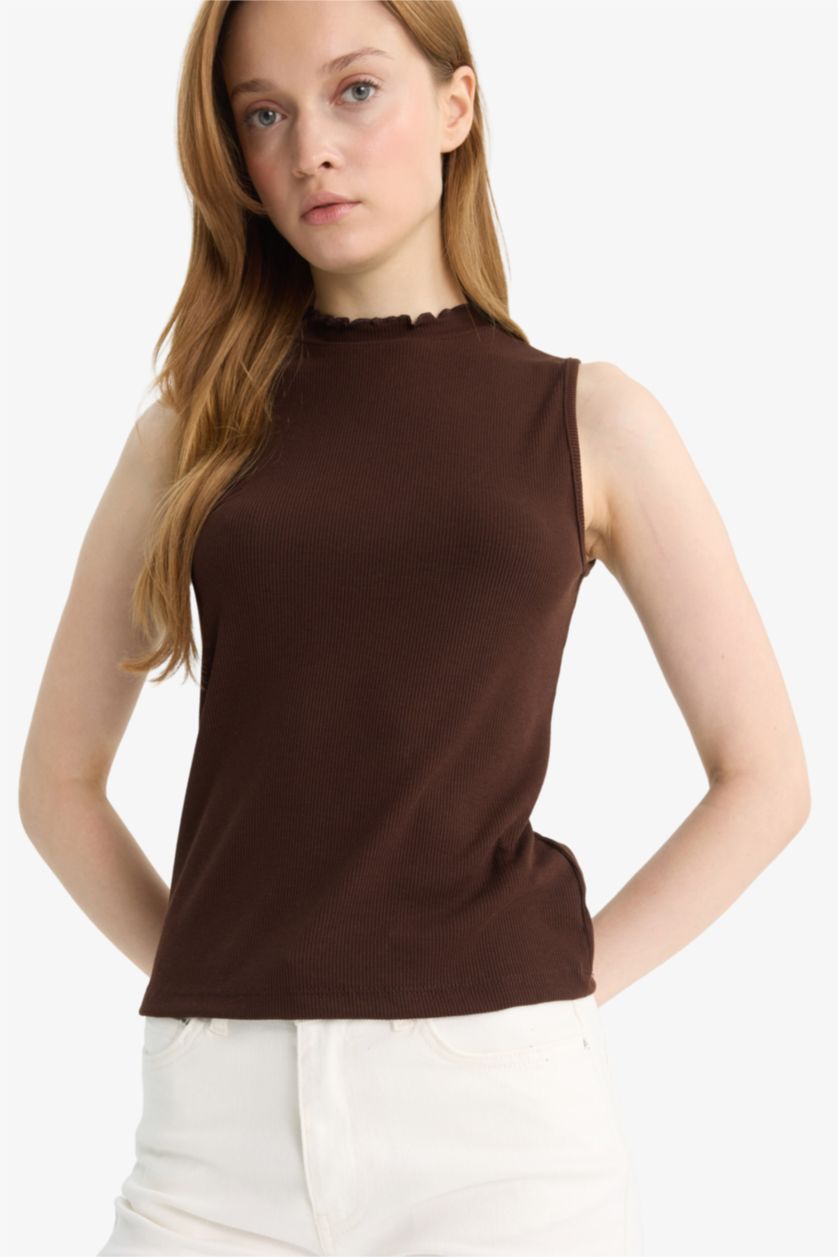 Woman Brown Slim Fit Half Turtleneck Ribbed Camisole Blouse