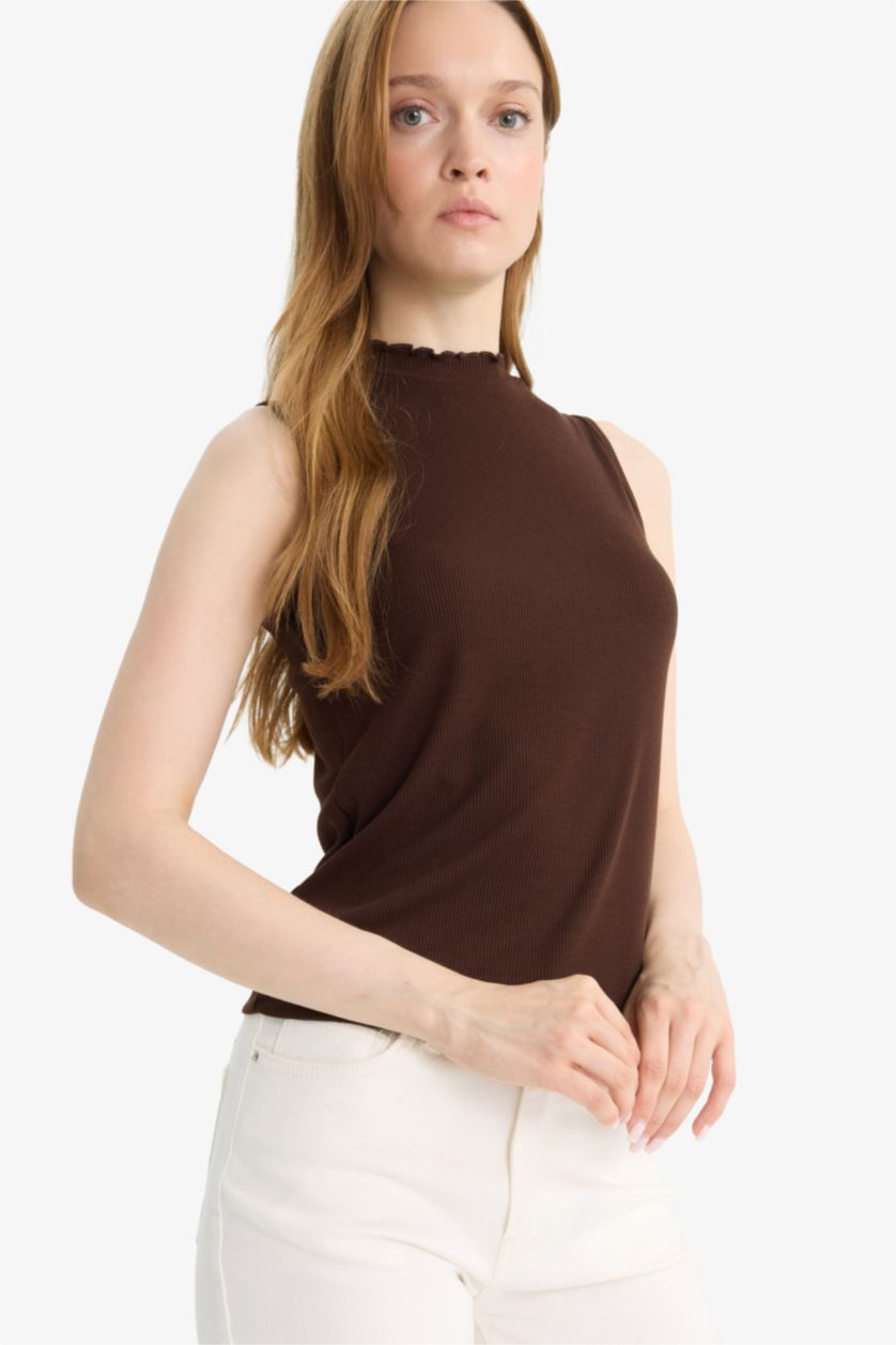 Woman Brown Slim Fit Half Turtleneck Ribbed Camisole Blouse