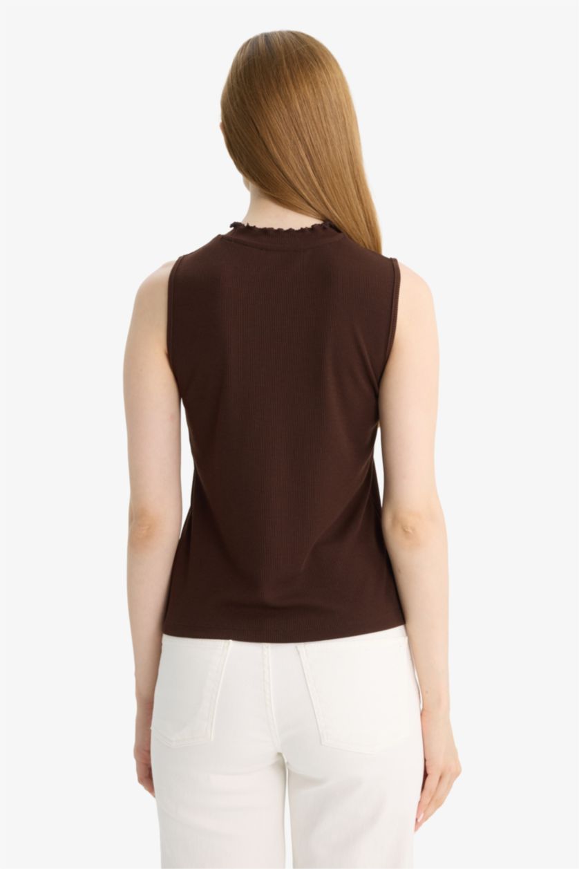 Woman Brown Slim Fit Half Turtleneck Ribbed Camisole Blouse